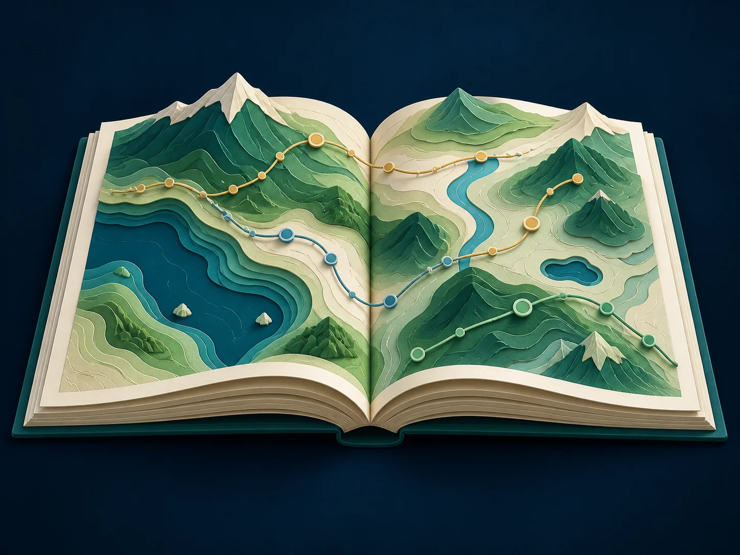 Atlas abierto con un paisaje de papel en relieve y distintas rutas conectadas, una ilustración de la exploración de ideas.